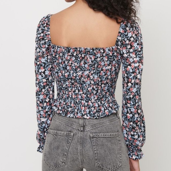 Floral Smocked Long Sleeve Blouse Top Square Neckline & Back Sz S - Picture 2 of 12